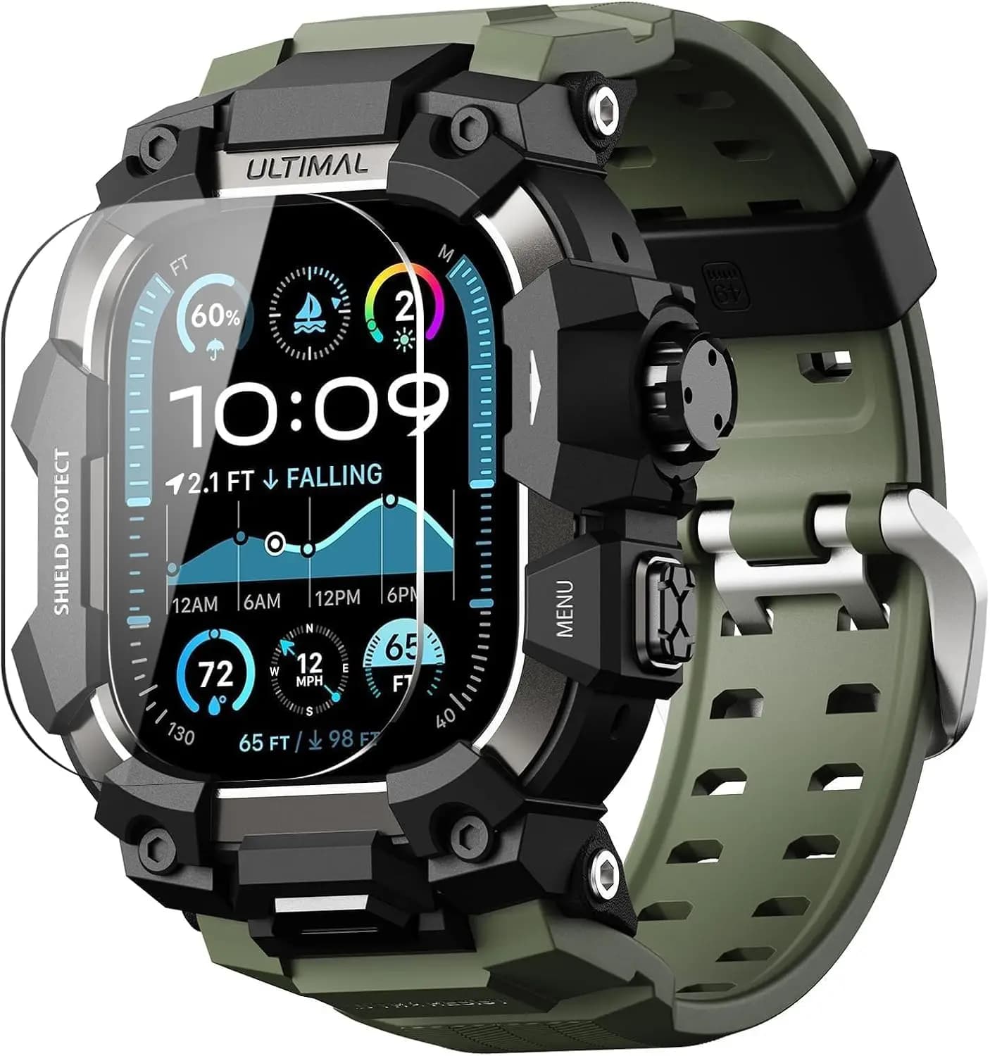 Custodia Militare Antiurto con Cinturino Tattico per Smartwatch da 49mm, Cover Verde Militare