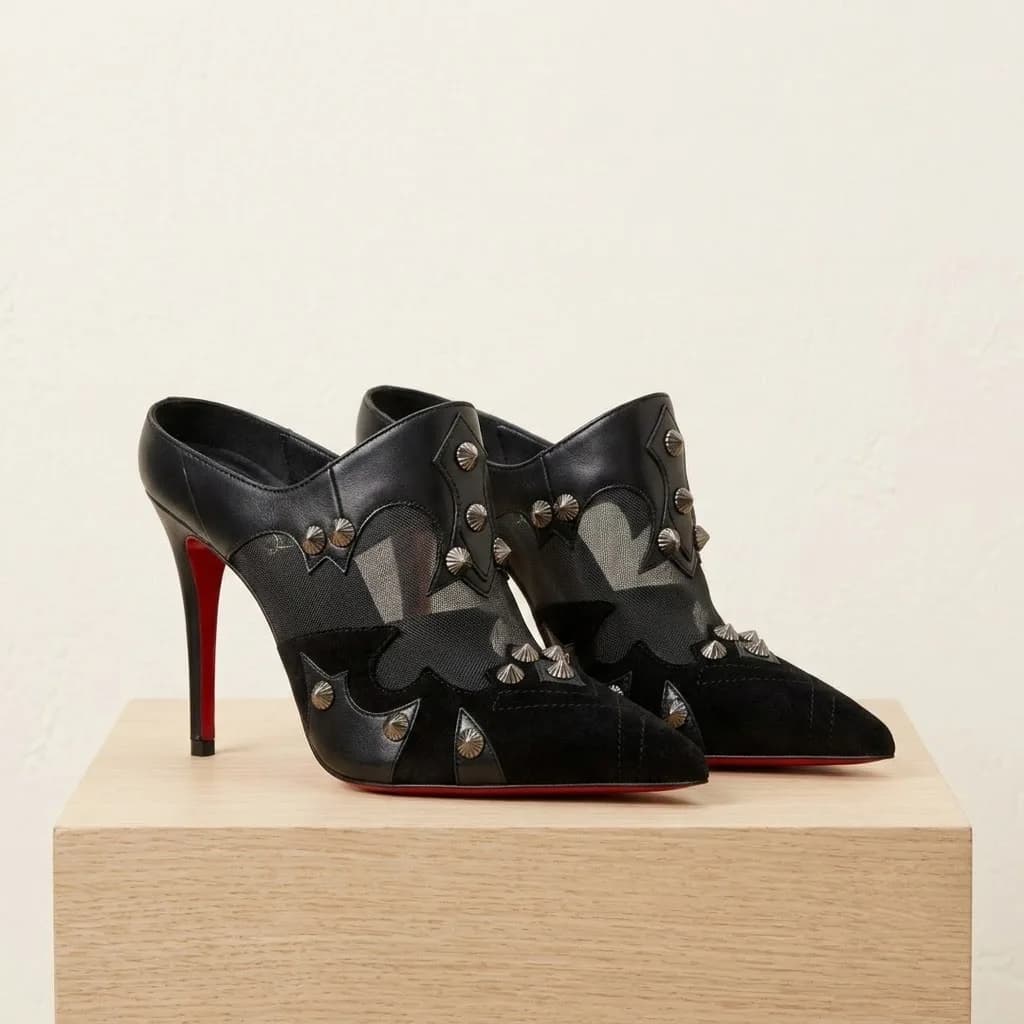 Women Black Mesh Patchwork Mule Heels Metal Spiked Rivets Pointed Toe Slingback Stiletto Sandals Classic Red Sole Punk Club Shoe