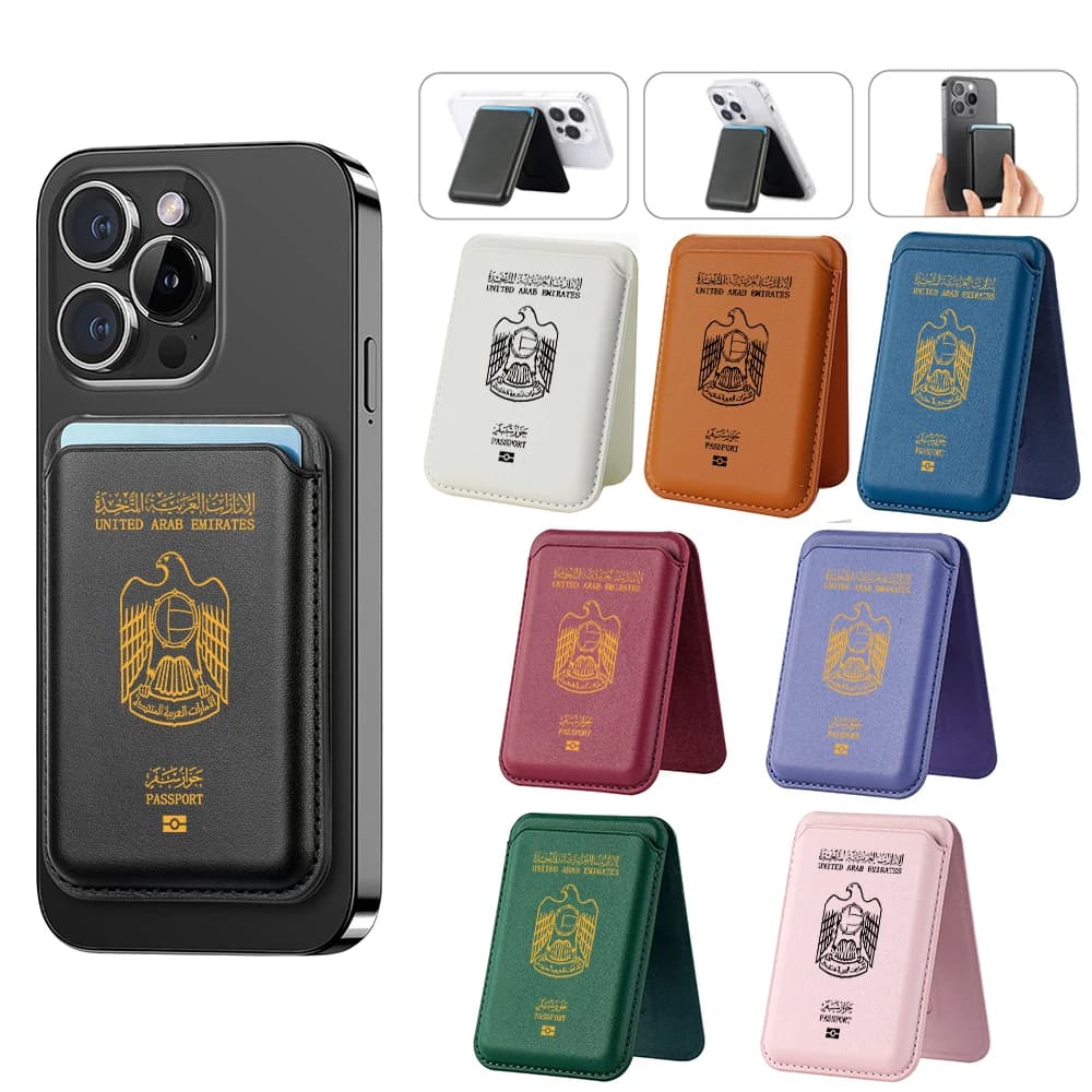 Aggiorna la custodia magnetica per carte passaporto Uae Hide Stand per iPhone 16 15 14 13 Porta carte in pelle per custodia Tasca Cover