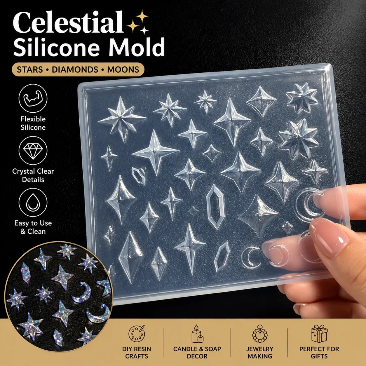 Celestial Star Moon Diamond Silicone Mold for UV Epoxy Resin Jewelry Making DIY Crystal Charms Nail Art Decorations Craft