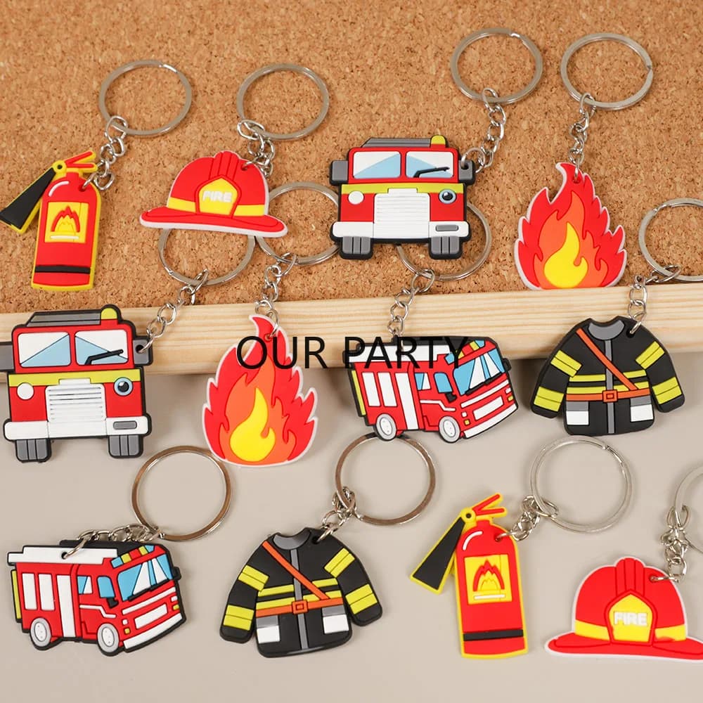 12 pezzi cartone animato pompiere tema portachiavi camion dei pompieri ciondolo giocattoli per bambini festa di compleanno bomboniere pinata riempitivi borsa per regali