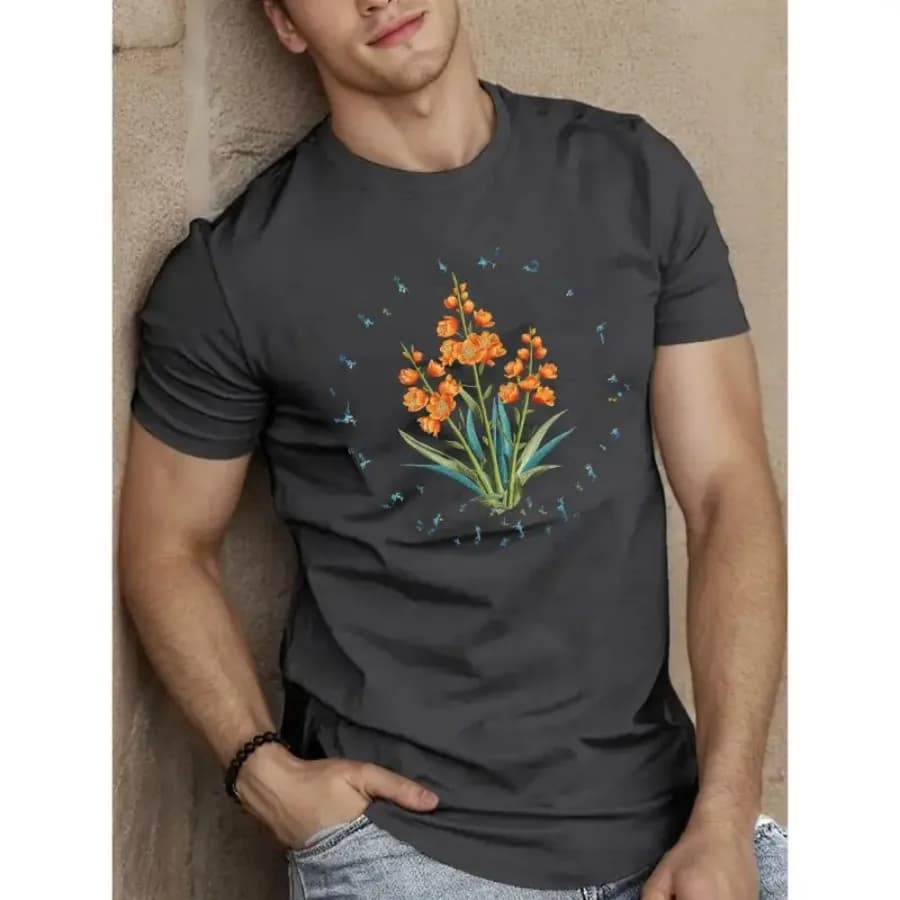 【Nuovo stile】T-shirt casual da uomo con ricamo floreale - Top estivo traspirante in poliestere con scollo rotondo e maniche corte