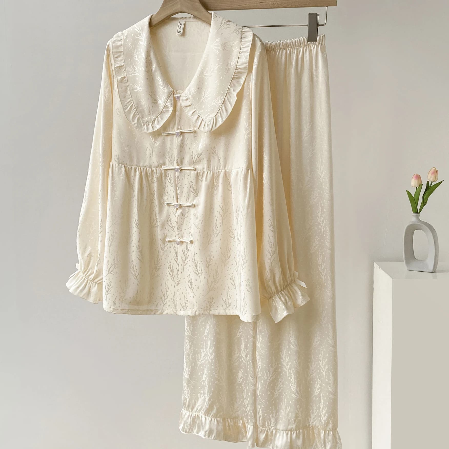 Autunno donna pigiameria pigiama Set stile cinese Jacquard pantaloni pigiama vestito dolce bambola collare Loungewear sciolto raso Homewear