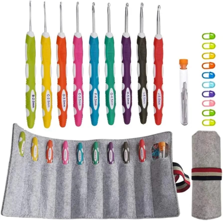 Set di Uncinetti Ergonomici con Borsa in Feltro, Impugnatura Morbida per Artrite, Misure B-J, 9 Uncinetti + Accessori