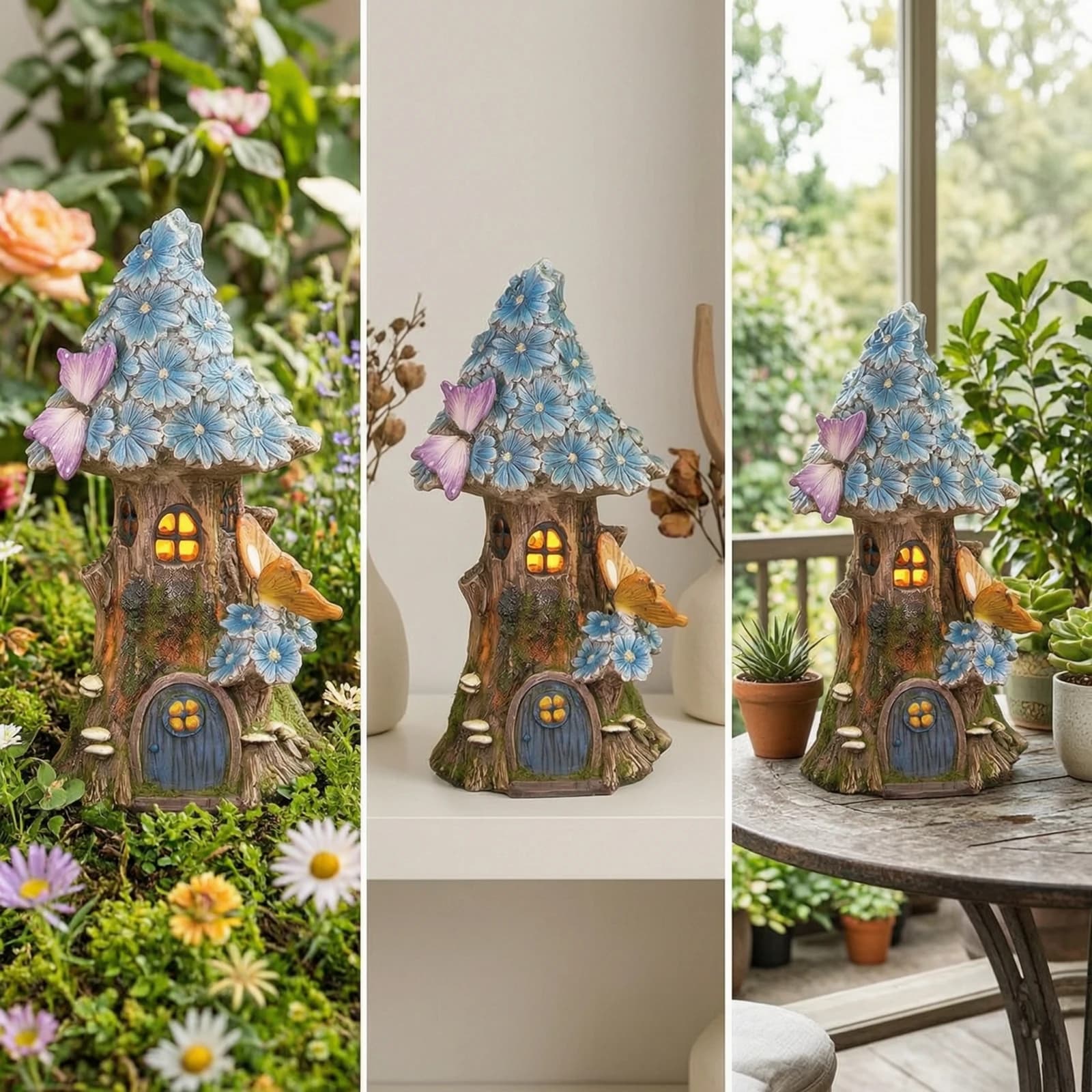 Fairy House with Solar Light Resin Tree House Statue Miniature Treehouse Glowing Yard Ornament Resistant for Gardeners, Patio