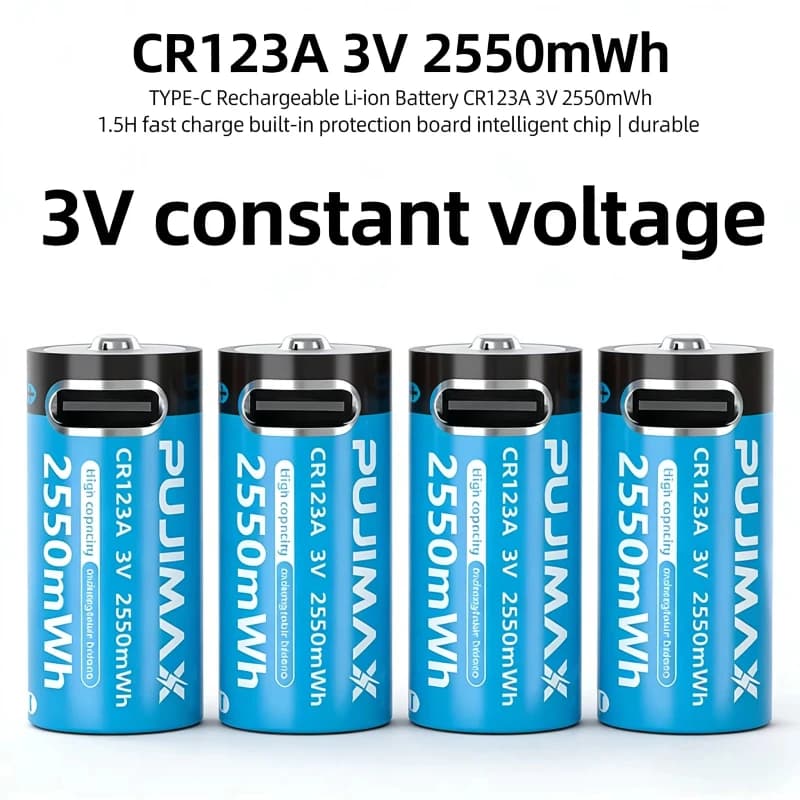 Batterie al litio CR123A 2550mWh con cavo USB-C a ricarica rapida per fotocamere da esterno, confezione ricaricabile CR123A