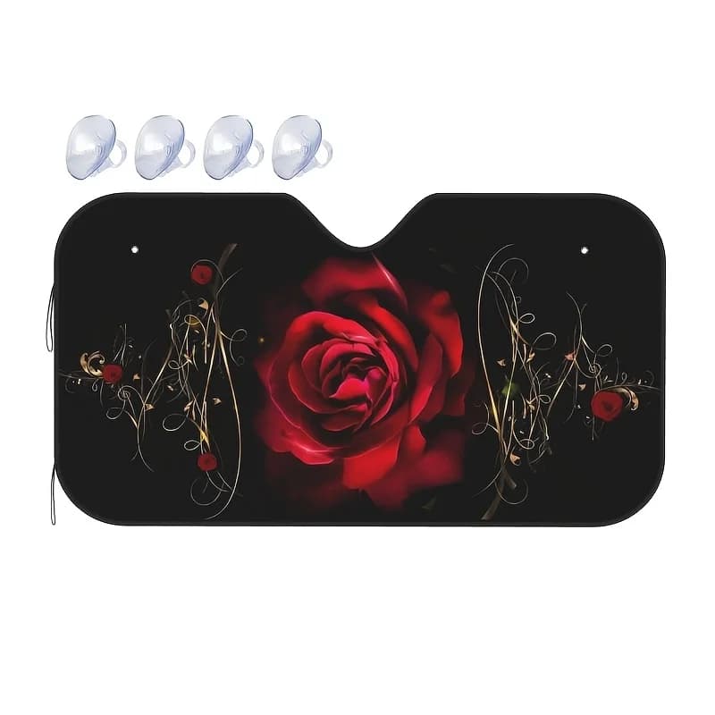 Parasole per parabrezza per auto rosa rossa da 1 pezzo con accenti dorati - Copertura per parabrezza in poliestere adatta per protezione solare, elegante Inter automatico