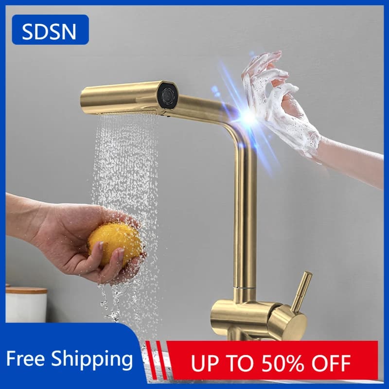 Kitchen sink faucet with brushed gold touch Kitchen sink faucet 304 stainless steel cold extractable kitchen sink faucet touch sensitive tap on taps