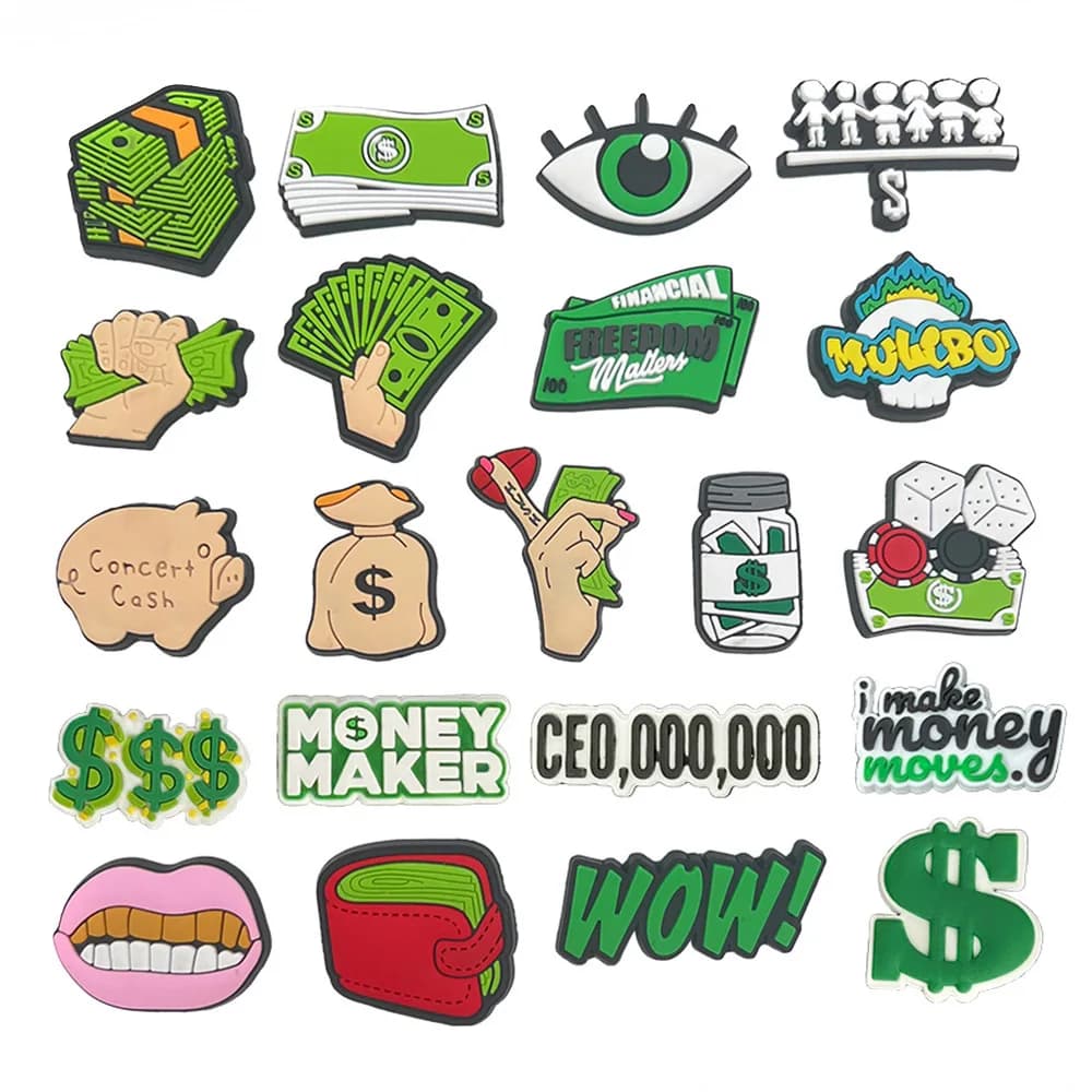 Borsa della serie denaro USD Ciondoli per scarpe in PVC dorato Decorazioni Accessori Donna Zoccoli Fibbia Perni per bambini Decorazione uomo Jeans