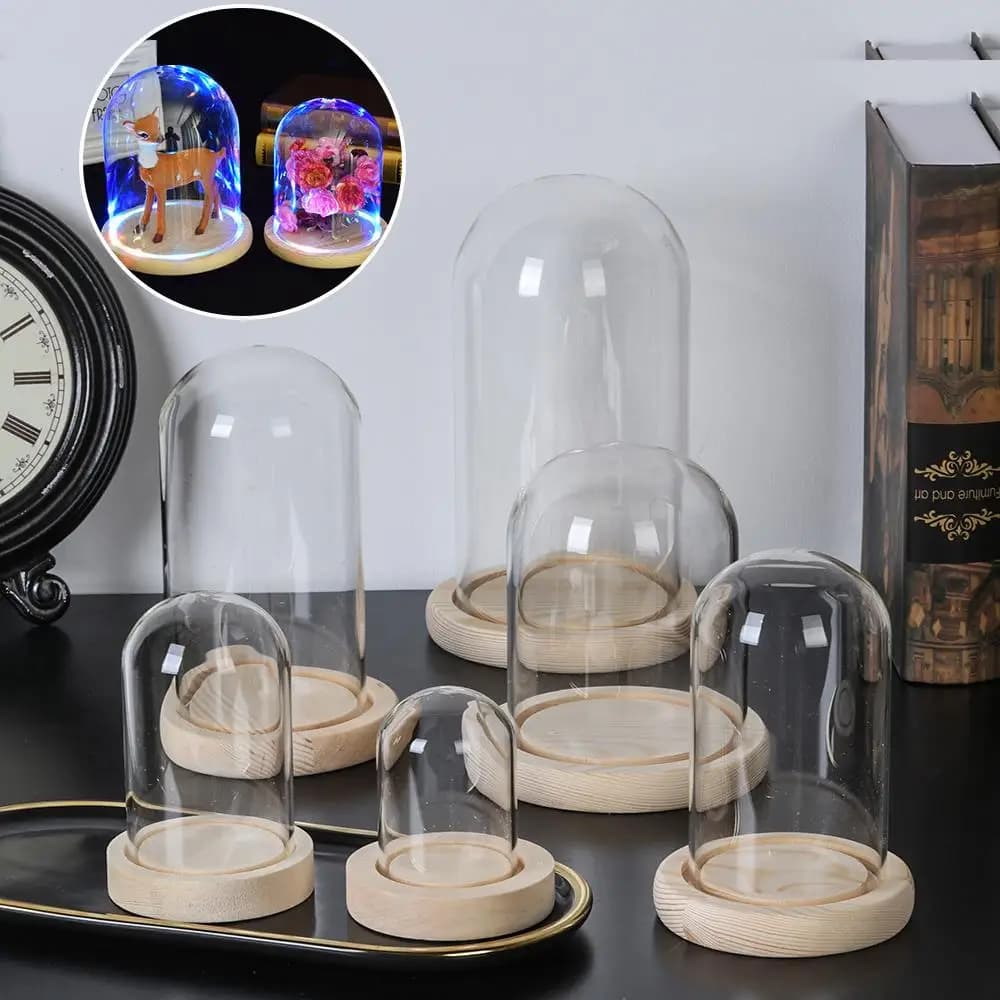 Fairy Lights Plants Transparent Bottle Jar Terrarium Wooden base Glass cloche Flower Storage box Dust Cover