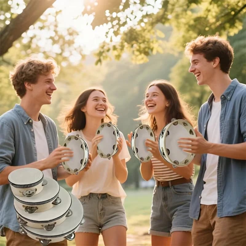 Tamburello a mano da 4/6 pollici, con sonagli in metallo, strumento a percussione, perfetto per matrimoni in chiesa, feste e giochi, giochi per matrimoni, KTV, fai da te, strumento musicale in stile etnico, set di tamburelli, strumento per l'allenamento del ritmo musicale, strumento didattico con impugnatura in legno, tamburello in finta pelle di pecora, tamburello a fila singola, strumento didattico per musica e danza, adatto per feste in casa, attività all'aperto, celebrazioni aziendali.