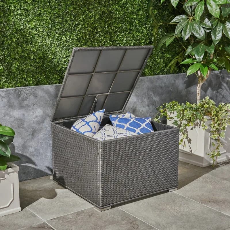 Scatola portaoggetti da esterno in rattan grigio scuro con coperchio Organizzatore per cuscini da patio impermeabile Mobili da giardino multifunzionali