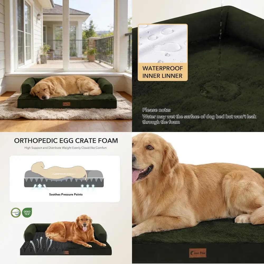 Letto per Cani Extra Large - Schiuma a Nido d'Ape Impermeabile XL con Bordi, 104x69cm, Fodera Rimovibile, Antiscivolo, Verde Oliva