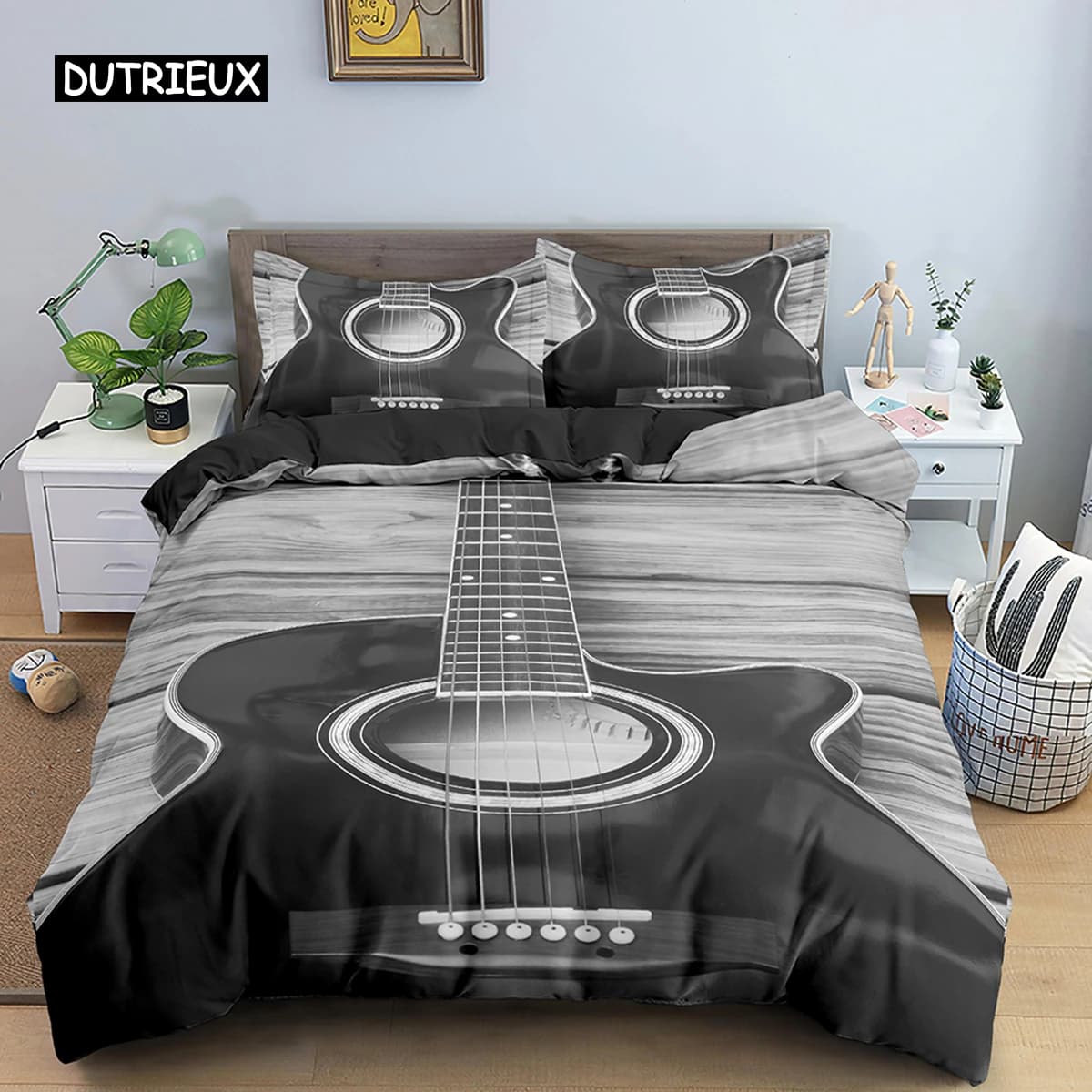 Set biancheria da letto musicale tastiera per pianoforte nota musicale copripiumino Queen Size biancheria da letto piumino microfibra chitarra Set di biancheria da letto in poliestere