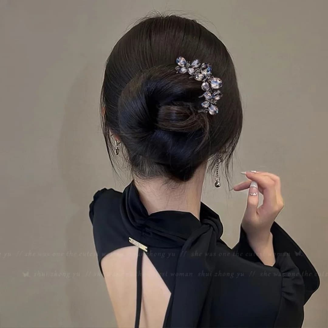 U-shaped hair clip with butterfly rhinestones for woman, new chinese style four teeth comb, hair clip in old style Hanfu Cheongsam