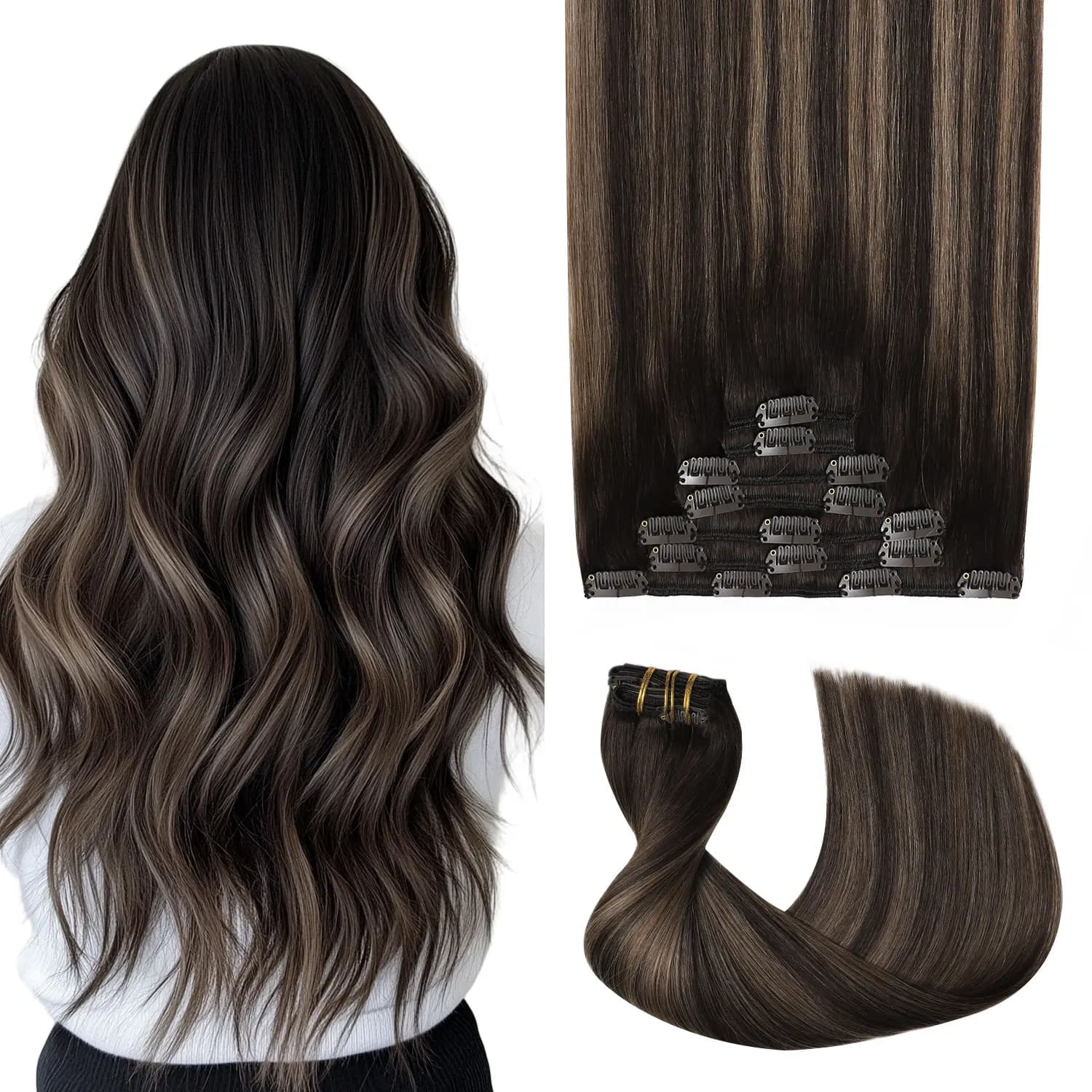 Sweetmet Pro2.0 Clip in Hair Extensions Real Human Hair 120g Thick 7pcs #2/6/2 Balayage Dark Brown to Chestnut Brown Remy Real Human Hair Extensions Clip ins Seamless Double Weft for Women