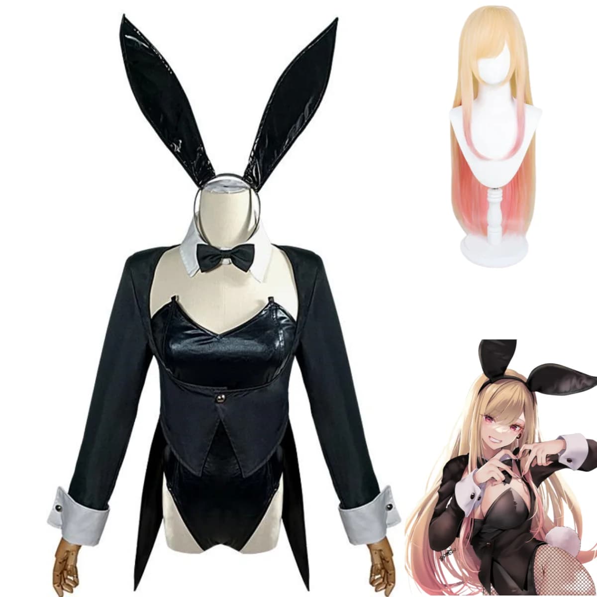 Costume Cosplay Anime My Dress-Up Darling Kitagawa Marin, Tuta Nera da Coniglietta con Cappotto e Parrucca, Abito Sexy da Donna per Carnevale