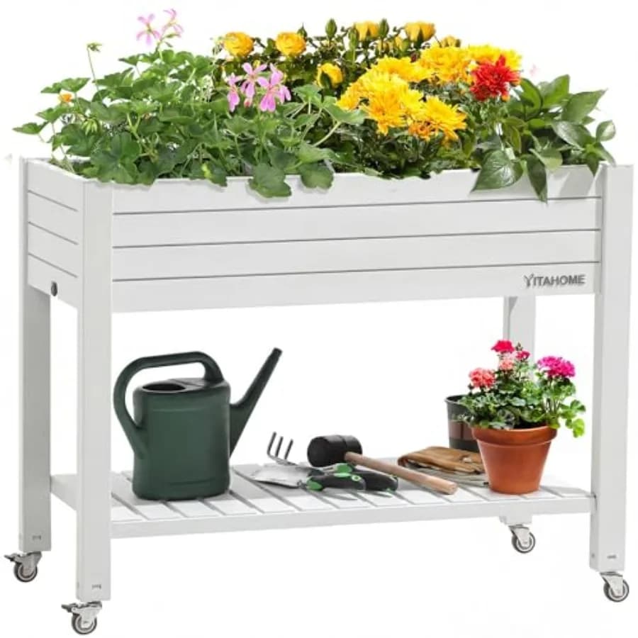Kit Letto da Giardino Rialzato 3.6x1.5x2.8 FT con Gambe e Ruote, Grande Fioriera da Esterno in Resina con Tappo di Drenaggio e Vano Portaoggetti