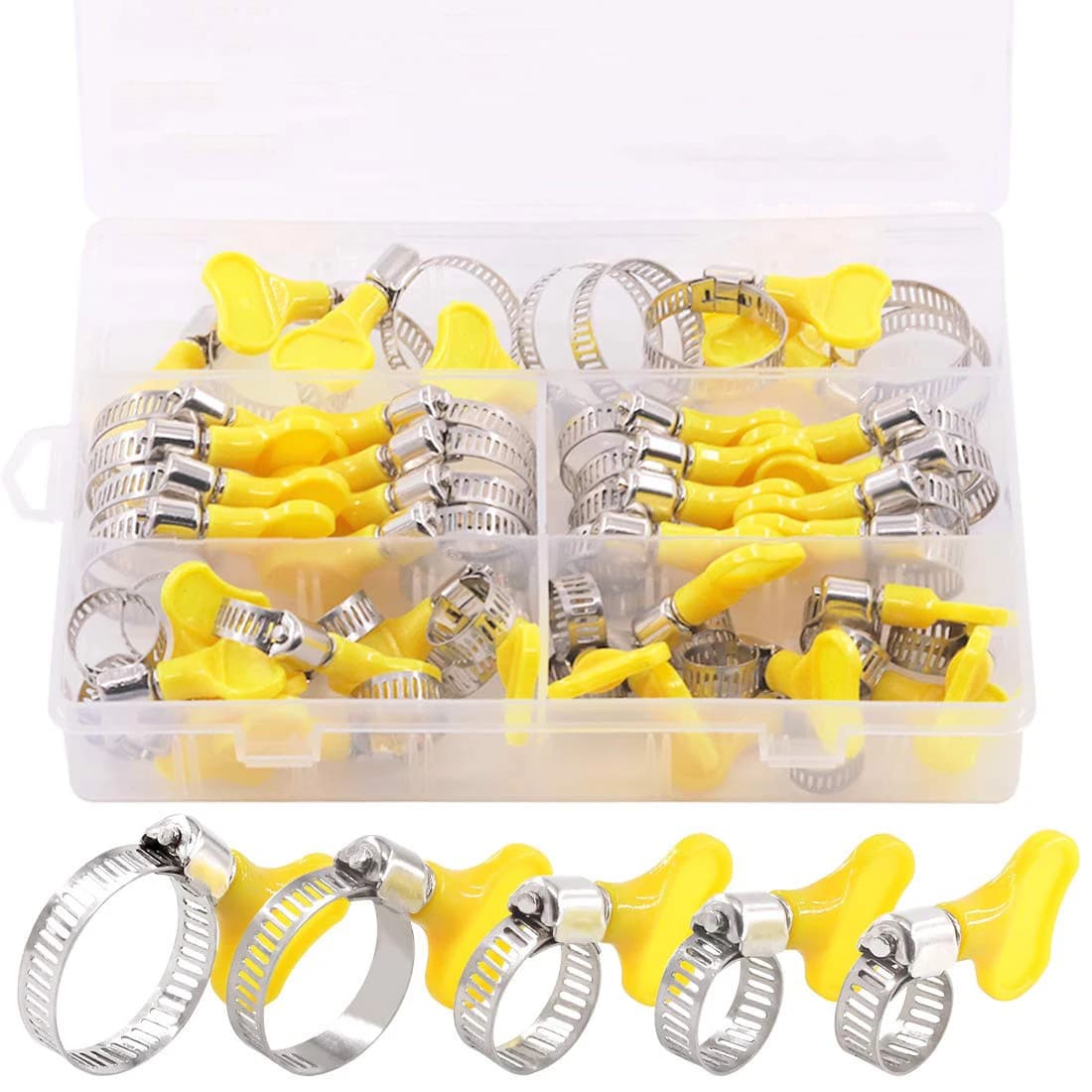 40 pz confezionato in scatola 8-29mm regolabile manico in plastica gialla intrecciata a mano fascette per tubi a vite senza fine guida clip per tubi in acciaio inossidabile per tubo