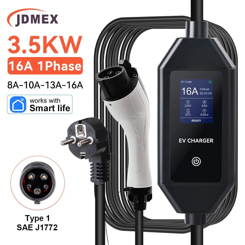 JDMEX 3.5KW 16A SAE J1772 EV Charger Portable 5M Cable Type1 EVSE Charging With APP Control 8A-10A-13A-16A Adjustable Current