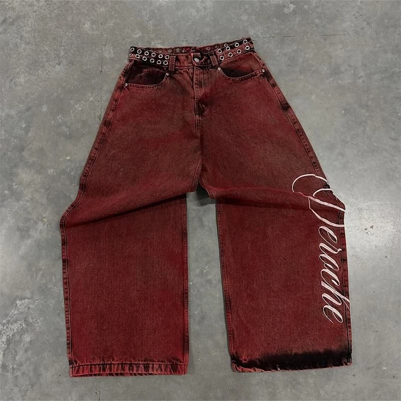 Y2K Jeans larghi casual Stampa di lettere vintage Rivetto Cintura in vita Design Rosso Vita alta Jeans a gamba larga Uomo Donna Hip Hop Streetwear
