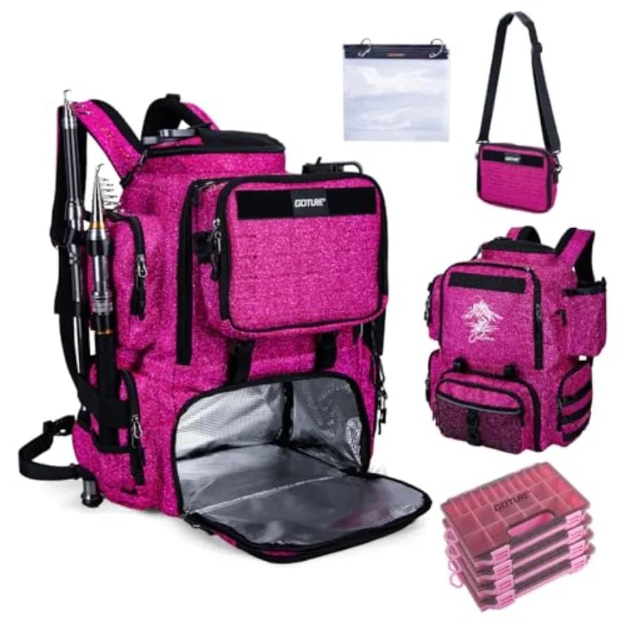 Zaino da Pesca 58L 900D Impermeabile con Porta Canna e Scomparto Refrigerante, 8 Tasche per Esche, Borsa a Tracolla Staccabile, Contenitore per Attrezzatura da Campeggio
