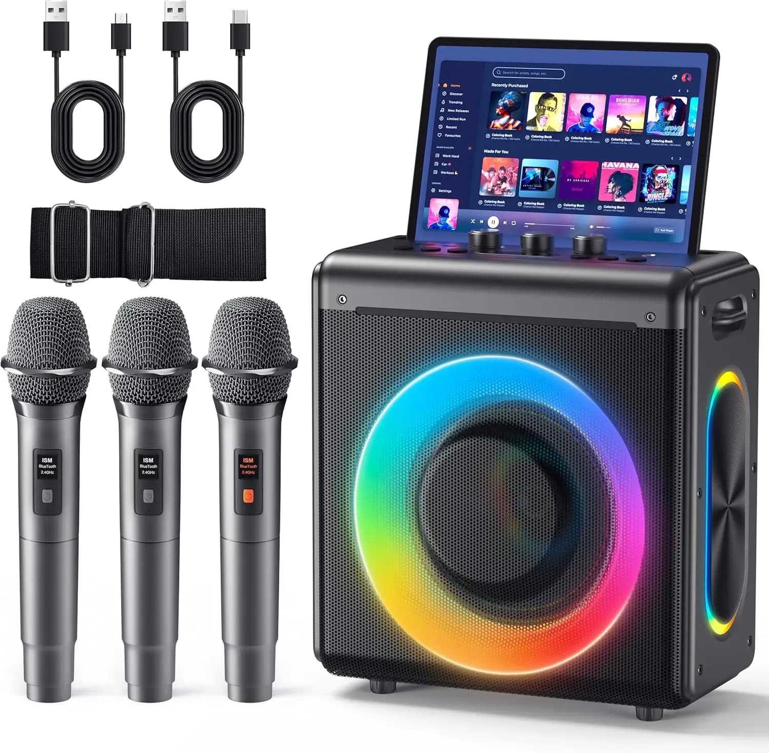 Macchina per Karaoke Portatile con 3 Microfoni Wireless, Altoparlante Bluetooth per Feste, Supporta TWS/TF/USB/AUX