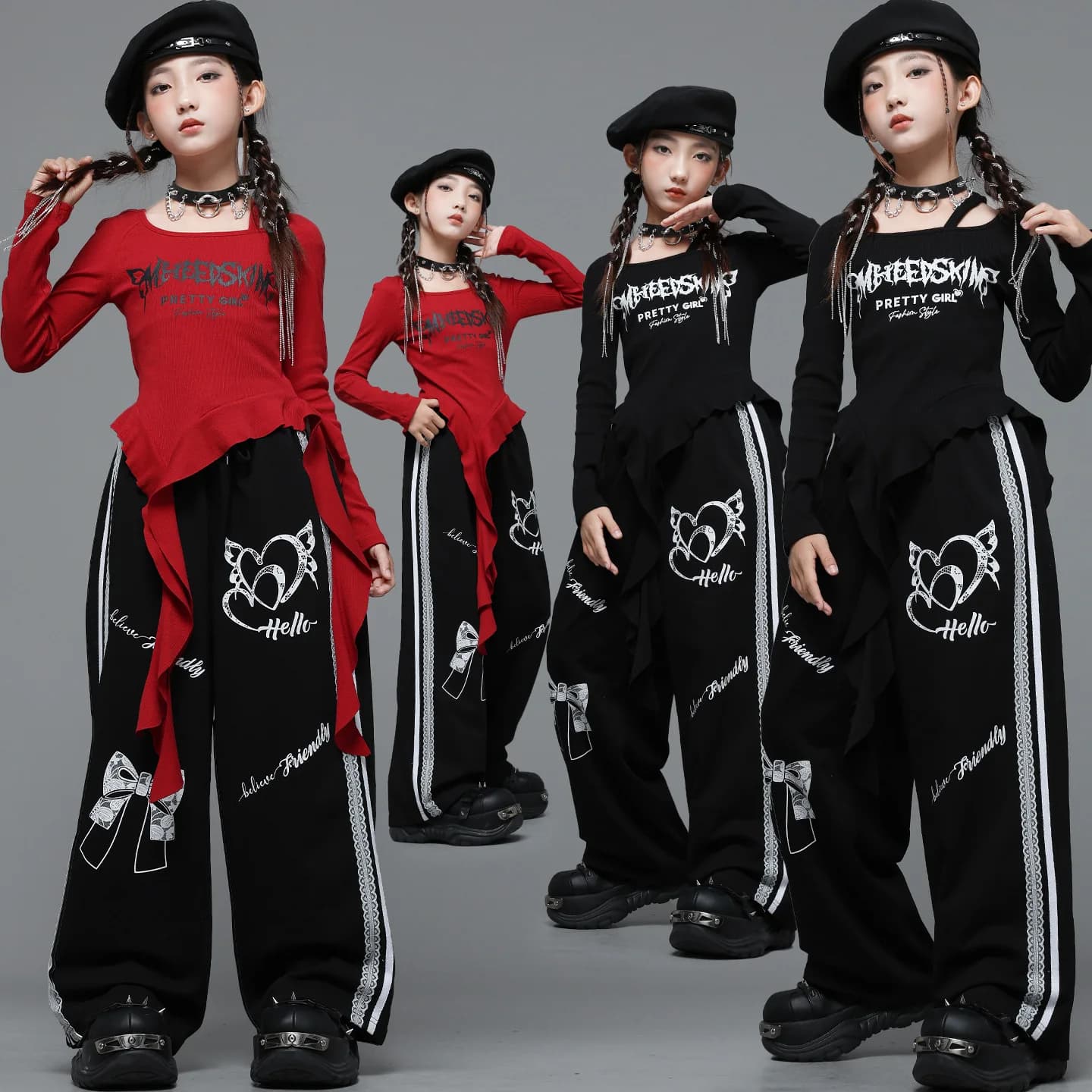 Kid Kpop Hip Hop Clothing Red Ruffled Strap Hem T Shirt Top Black Casual Print Sweat Pants for Girl Street Dance Costume Clothes