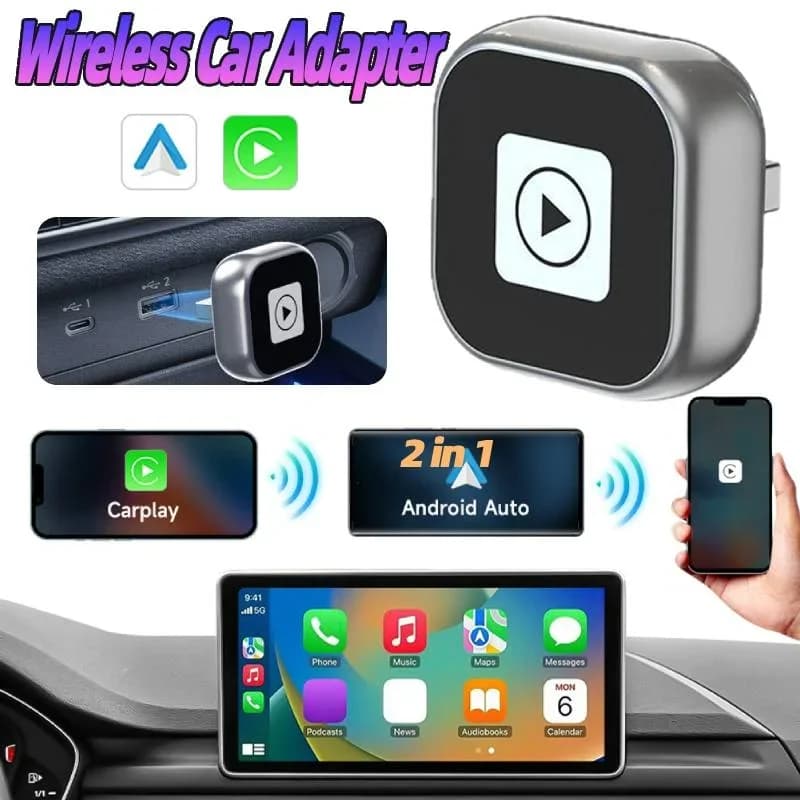 Adattatore Wireless 2 in 1 per Android Auto e CarPlay, Mini Smart Box Dongle, Connessione Automatica, Plug & Play, Compatibile con iPhone e Android