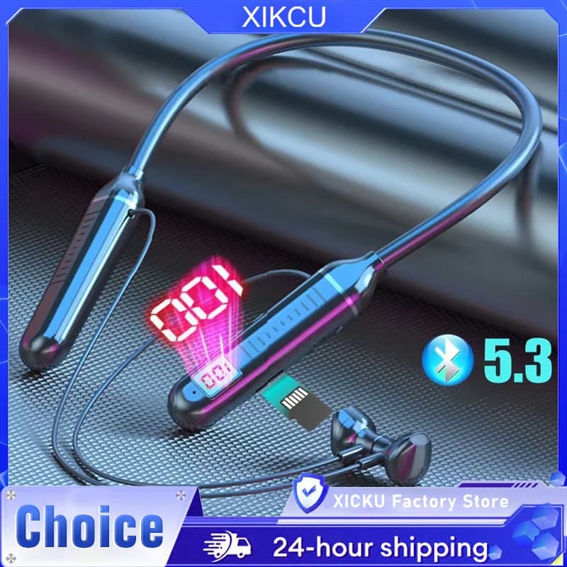 Bluetooth 5.3 Headphones TF Card LED Display Wireless Headphones Stereo Sports Headphones Gaming Headphones Waterproof with Microphone