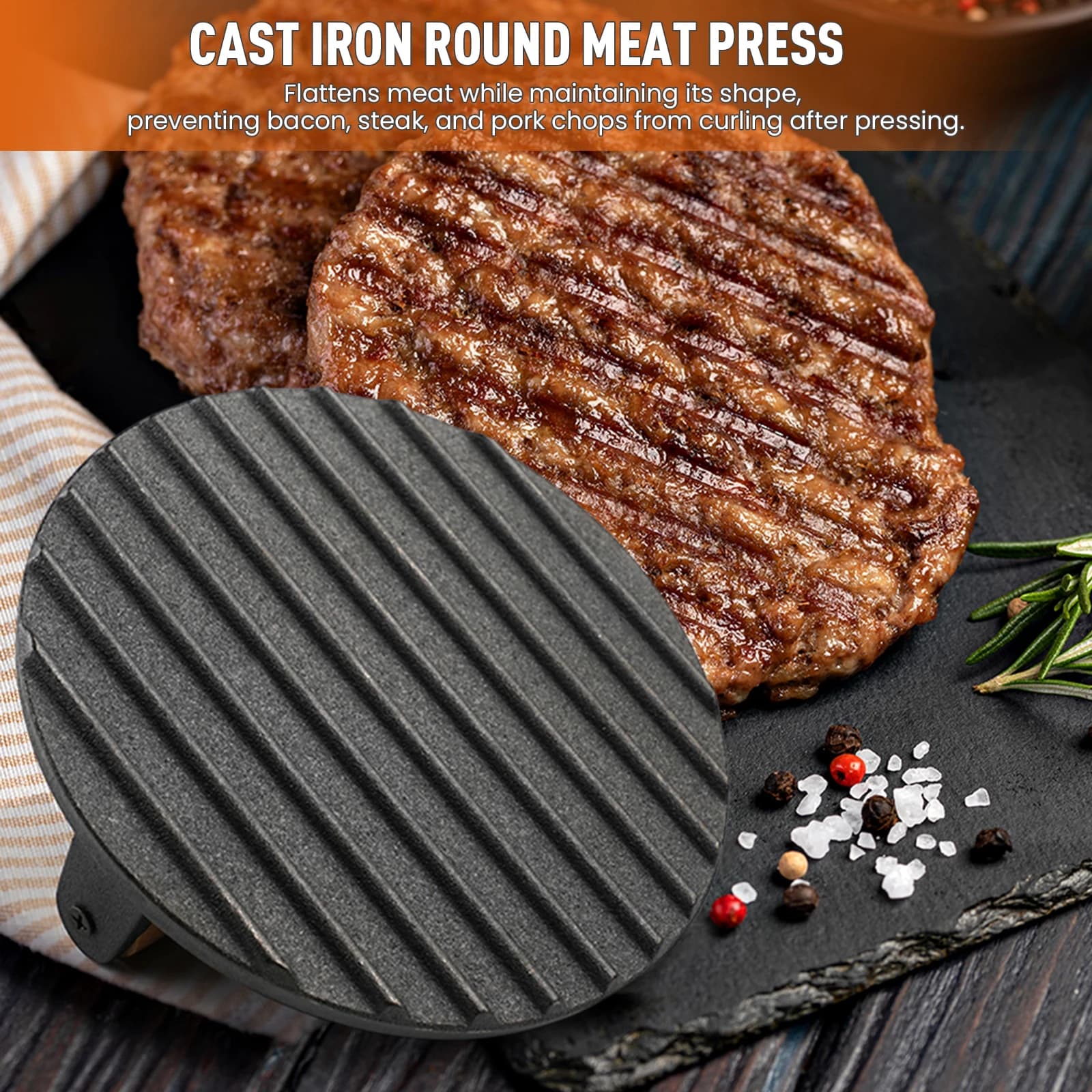 Piastra Rotonda per Pressare la Carne con Manico in Legno, Piccola Pressa per Bacon Antiaderente, Tavola per Pressare Carne e Bistecche per Griglia e Hamburger