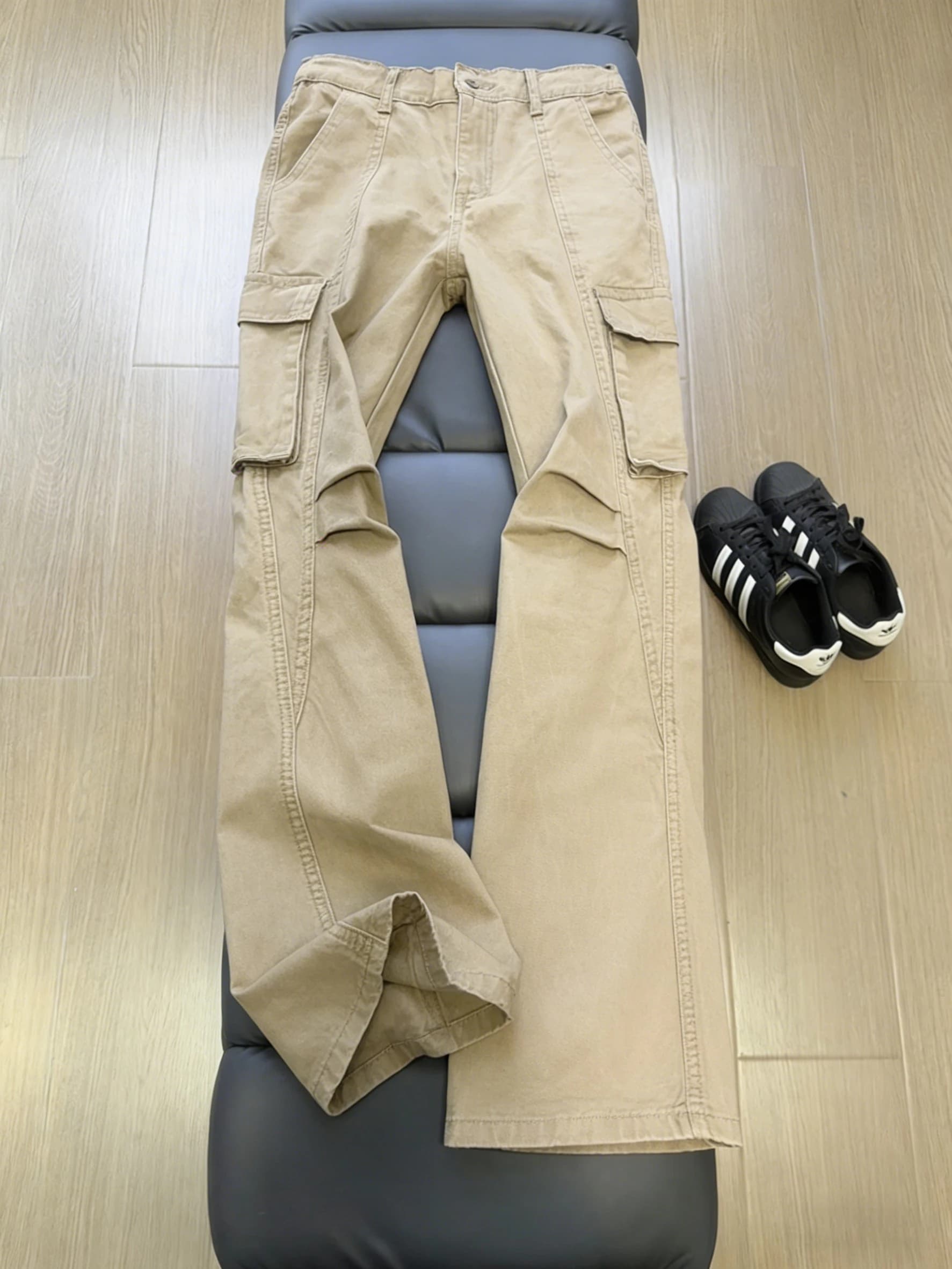 Pantaloni da Lavoro a Zampa d'Elefante in Cotone Kaki da Uomo, Jeans Casual Stile High Street Autunno Inverno, Moda Cleanfit