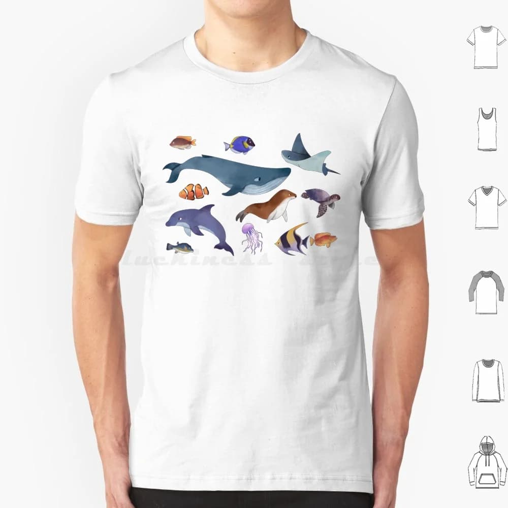 Fishy Ocean Life Sticker Pack T Shirt Men Women Kids 6xl Fishy Ocean Life Pack Blue Whale Dolphin Stingray Seal Fish Kawaii