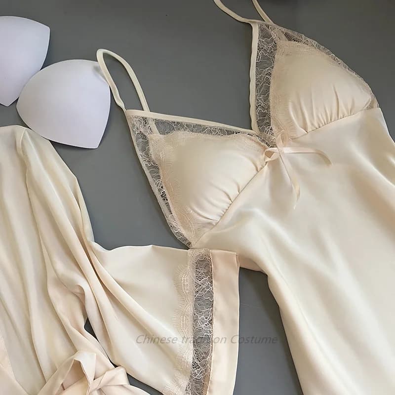 Wedding Bride Twinset Robe Set Elegant Sleepwear Women Satin Kimono Dress Sexy Suit Lace Hollow Out Night Shirt Casual Homewear