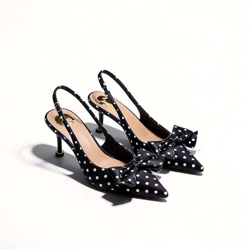 Sandali da Donna con Tacco Alto a Pois 2026 Estivi con Fiocco, Sandali con Tacco a Gattino, Scarpe da Festa Slingback a Punta per Donna