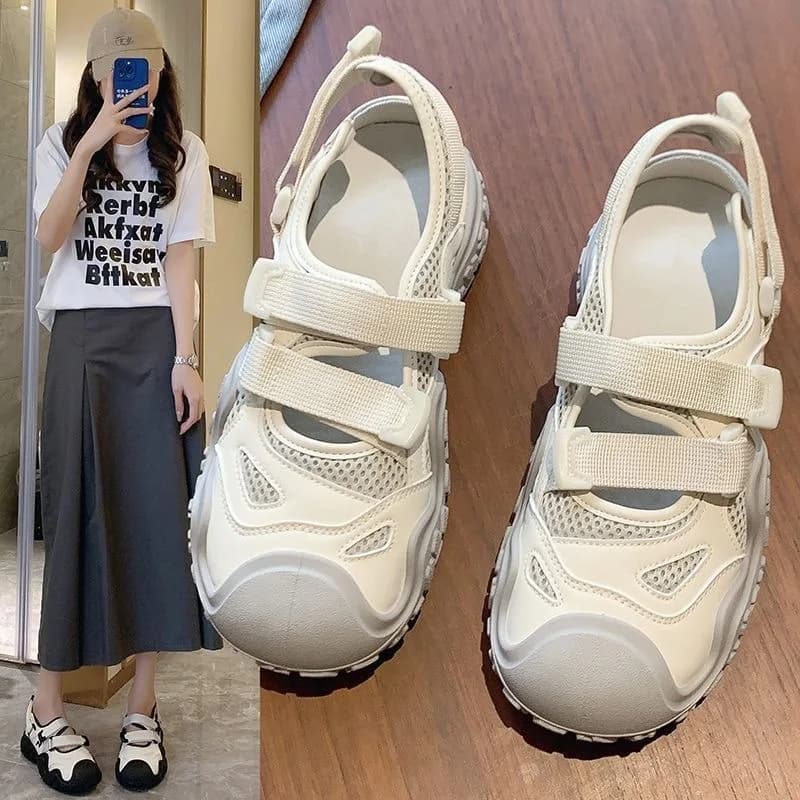 New Mesh Platform Sandals Double Velcro Strap Closed Toe Thick Sole Breathable Sneakers Outdoor Walking Casual Slippers Footwear