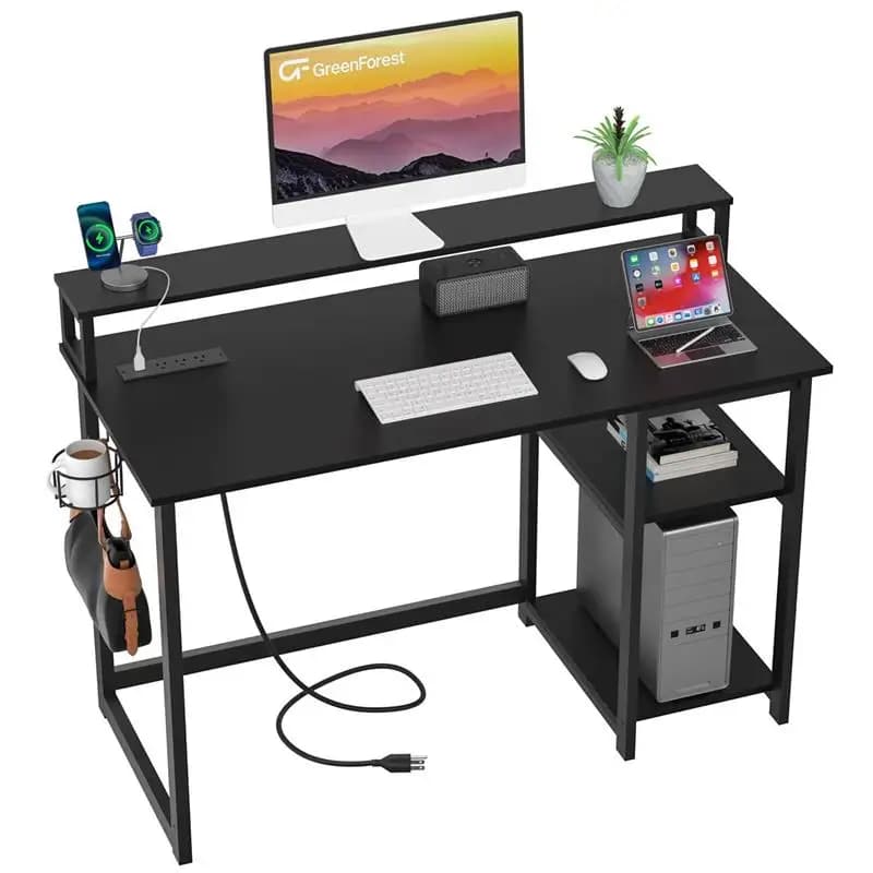 47 inch gaming desk with power sockets, small office desk with ergonomic monitor support, reversible computer desk, modern