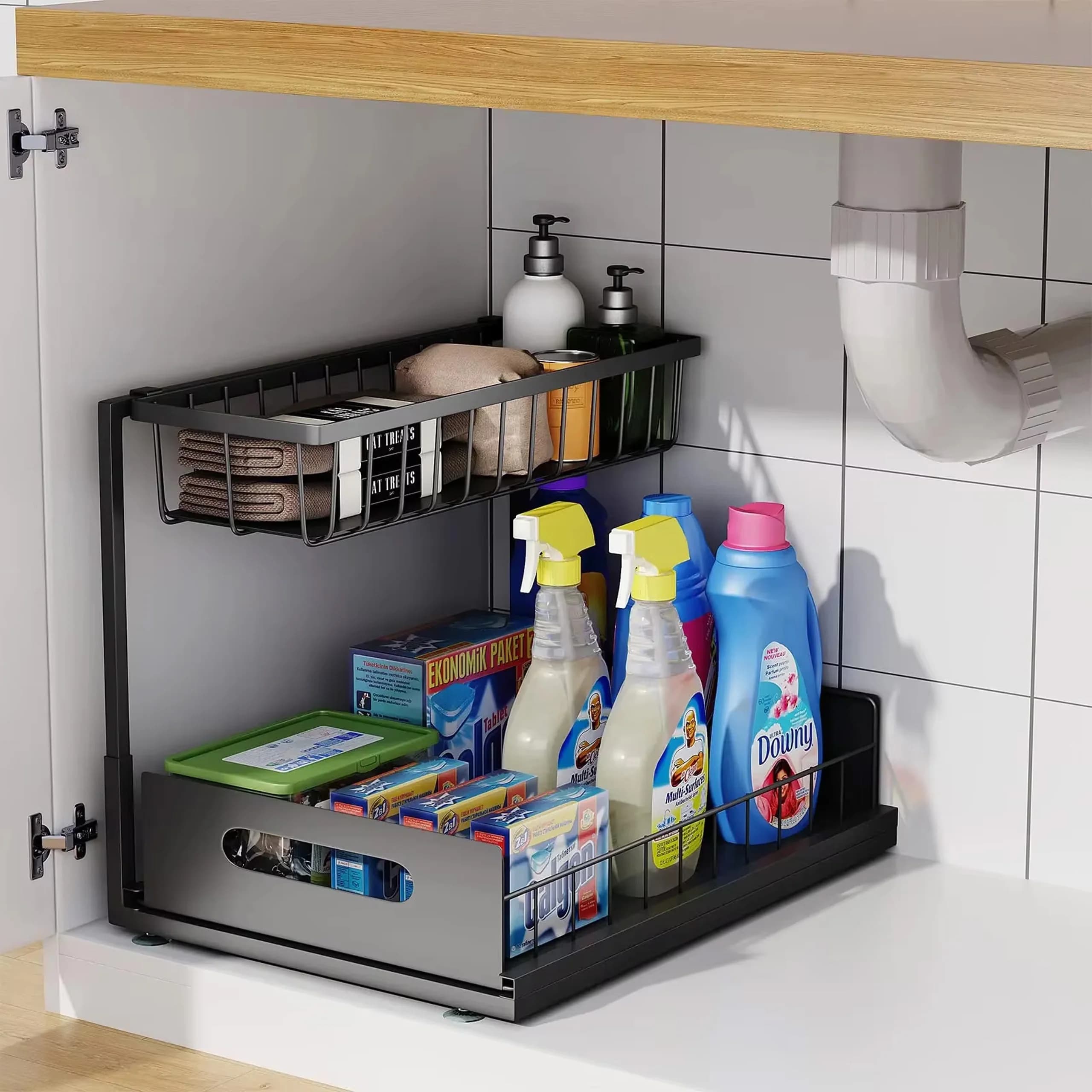 Sotto il lavello Armadietto scorrevole a 2 livelli Organizzatore per cestini Cassetto estraibile Organizzatore per lavello multiuso per bagno Cucina