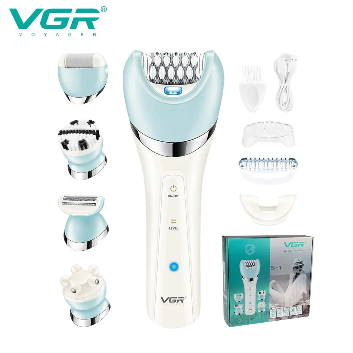 Set of Electric Beauty VGR 5 in 1 Waterproof IPX4, Female Hair Removal Razor, Peli Removal, Rechargeable, V-703 Foot Removal Set