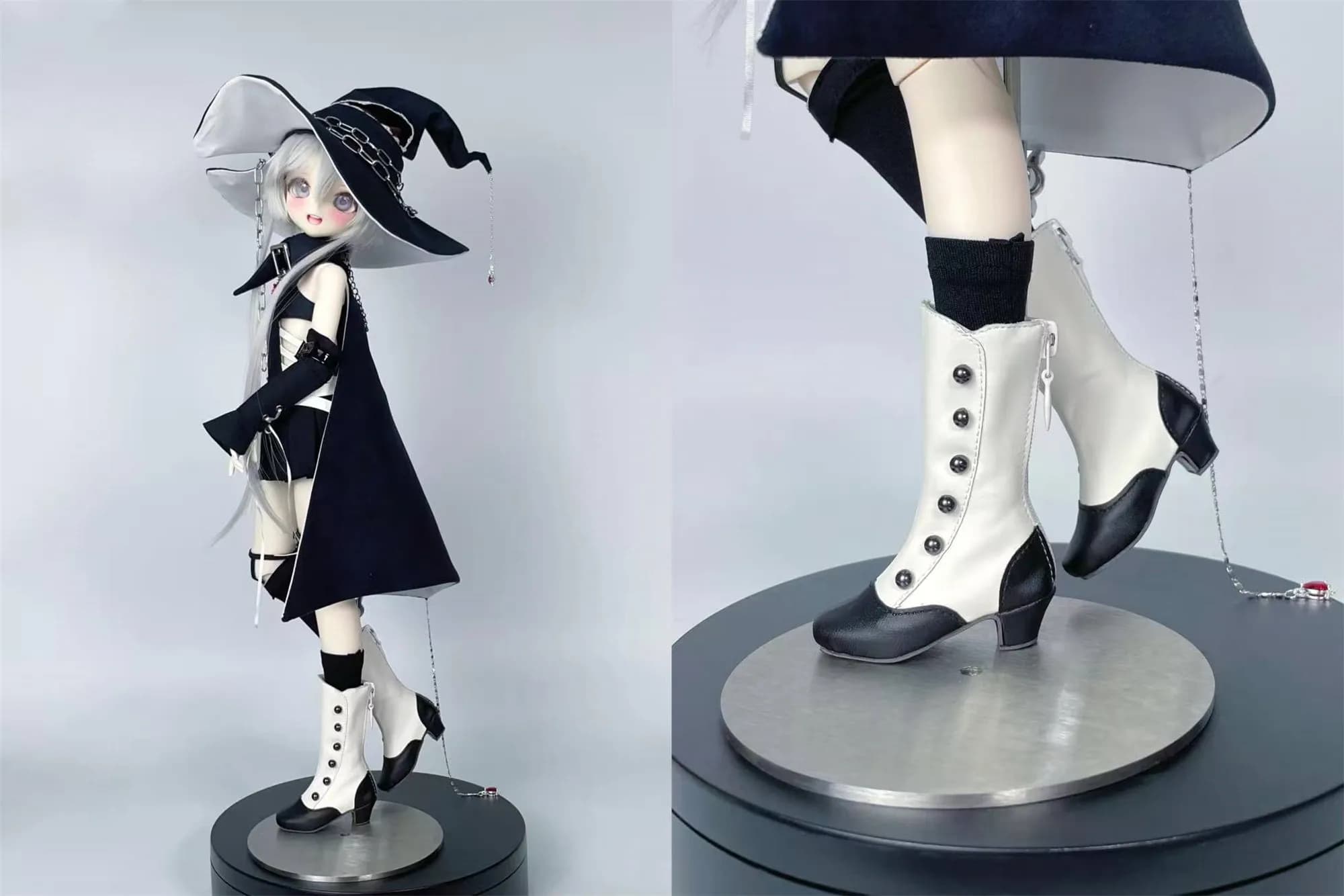 Disponibili Stivali a Metà Polpaccio per Bambole BJD, Scarpe con Punta Tonda e Tacco Alto, Eleganti con Borchie e Fibbie con Perle, Neri Marroni Bianchi