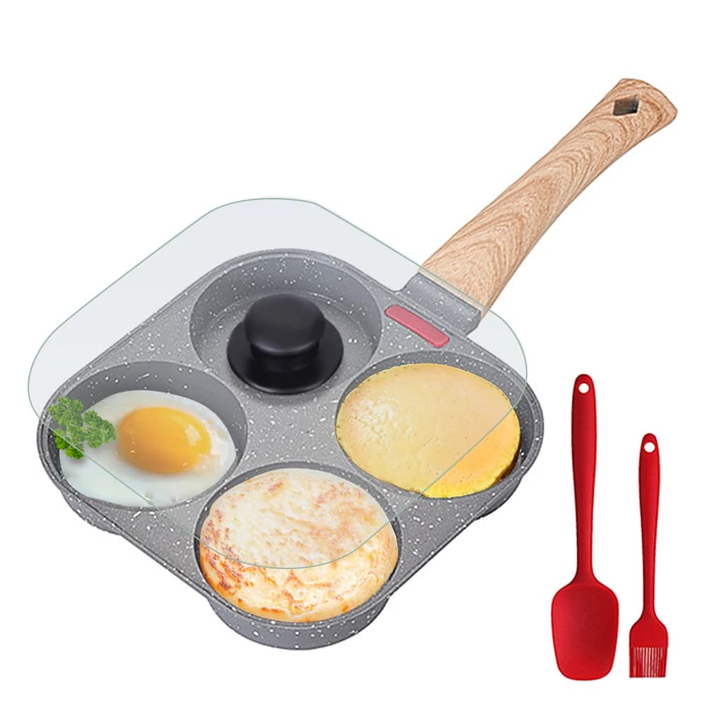 Non Stick 4-Cup Egg Frying Pan with Flipping Lid Aluminum Pancake Egg Cooker with Spatula and Brush Burgers Omelet Cooking Pan