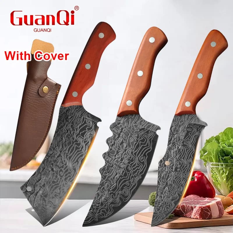 Hand-Forged Kitchen Knife with Sheath Multifunctional Meat Cleaver Knife Boning Stainless Steel Wood Handle Fruit Slicing Knife