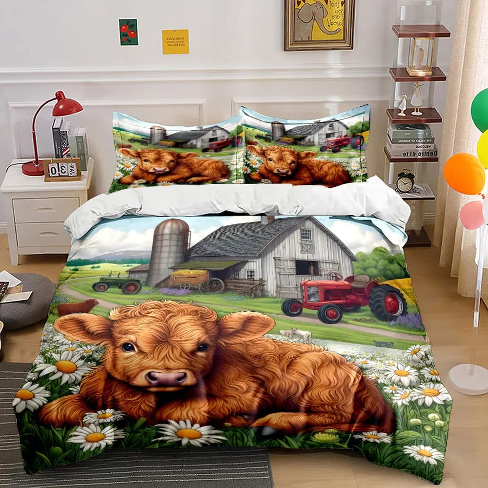 Set di biancheria da letto con stampa di vitelli e paesaggi rurali, morbido e confortevole, include 1 copripiumino e 2 federe, regali di lusso