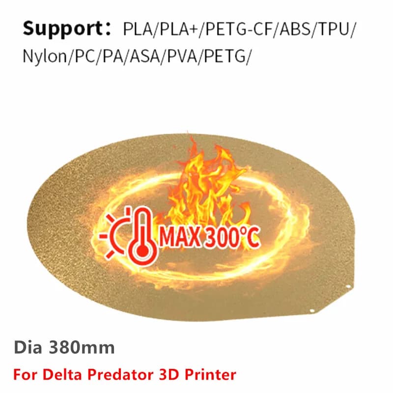 Delta Predator PEI round 380mm diameter printing plate, updated version, with textured and smooth surface on both sides, made of flexible PEI spring steel sheet.