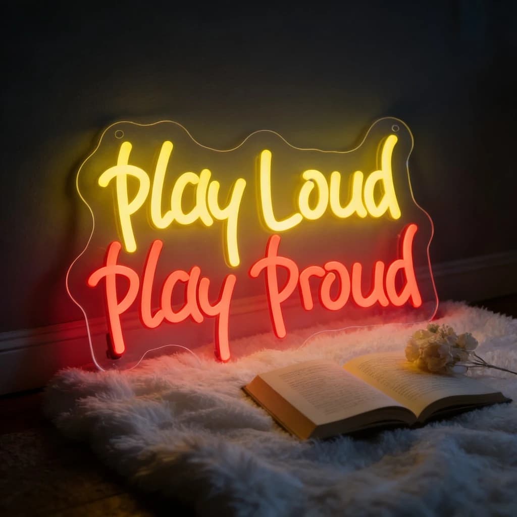 Insegna al Neon 'Play Loud Play Proud', Citazione Motivazionale per Sala Giochi e Camera da Letto, Arte Murale LED, Decorazione per la Casa, Regalo Ispirazionale