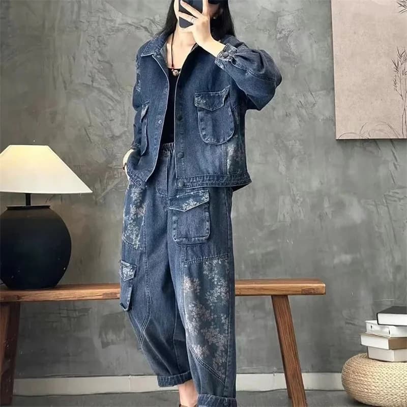 2025 Autunno Giacca di jeans Abiti Plaid Camicia a righe Colletto Set di moda Donna 2022 Primavera Nuovo Cappotto Jeans casual Set a due pezzi
