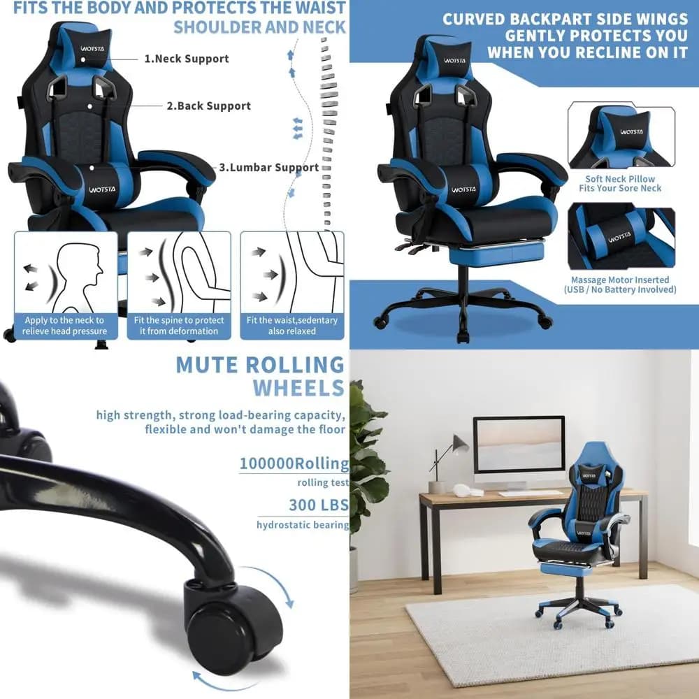 Sedia da Gaming Ergonomica in Pelle PVC con Supporto Lombare e Reclinabile, Stile Racing per un Comodo Videogaming (Nero Blu)