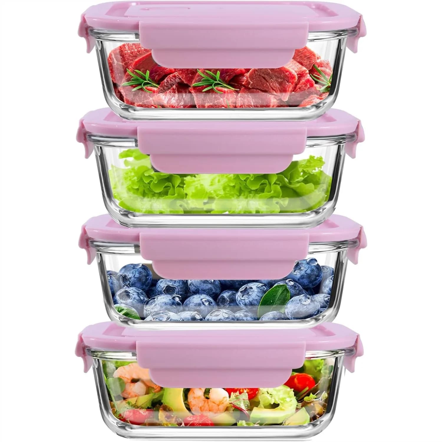 Set di 4 Contenitori in Vetro da 13oz per Preparazione Pasti con Coperchi, Ermetici e Anti-Perdita per Frigorifero, Dispensa, Congelatore e Forno, Rosa
