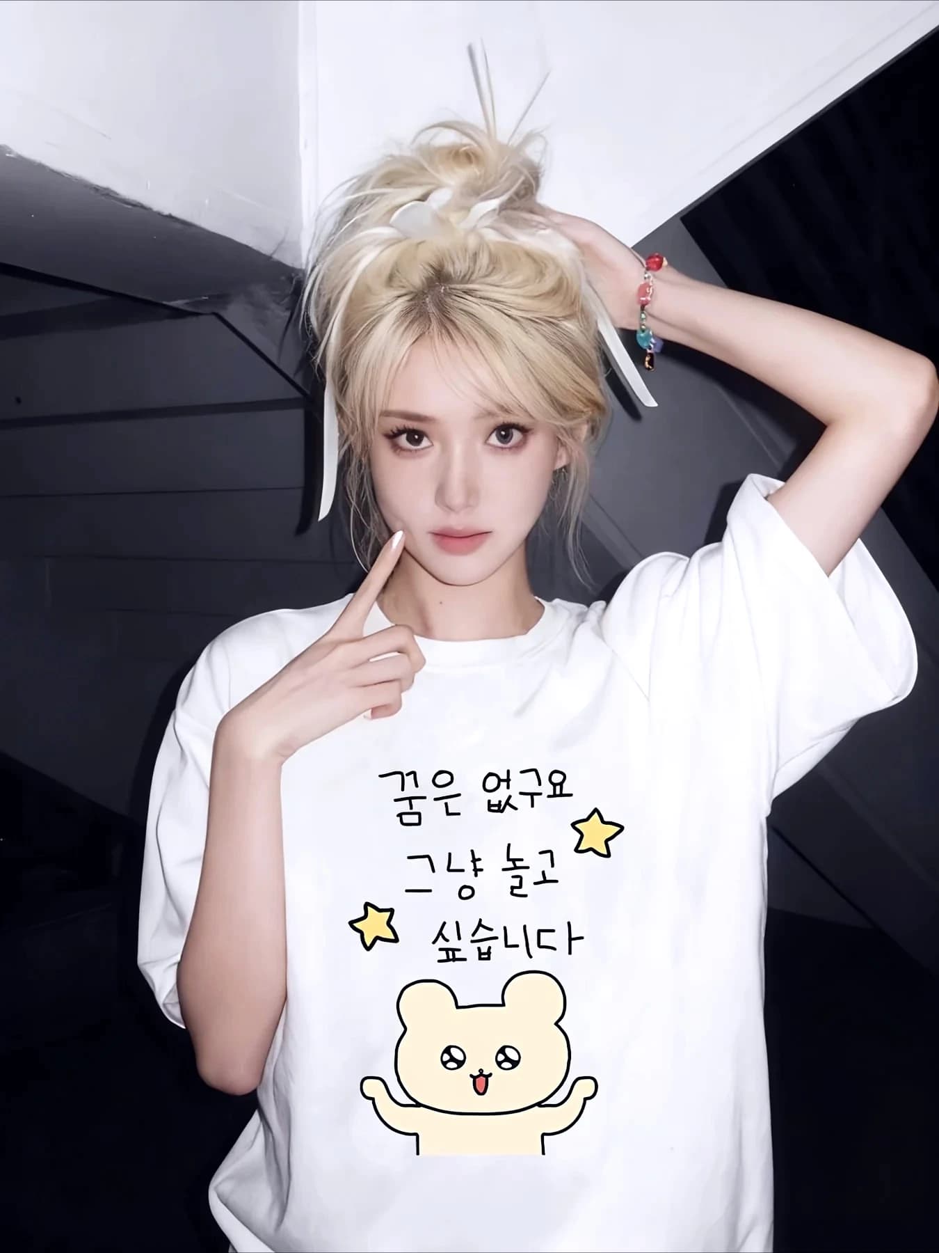 White Short Sleeved T-shirt with Fun Korean Text Combination Illustration Round Neck Kawaii Y2k Women Tops Summer Tees