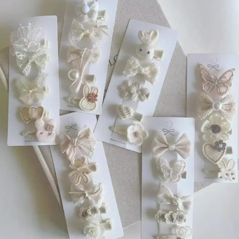 Cute Beige 8PCS Hair Clips Set Lace Bow Rabbit Flower Design Non Slip Hair Accessories for Little Girls Home Outdoor Use